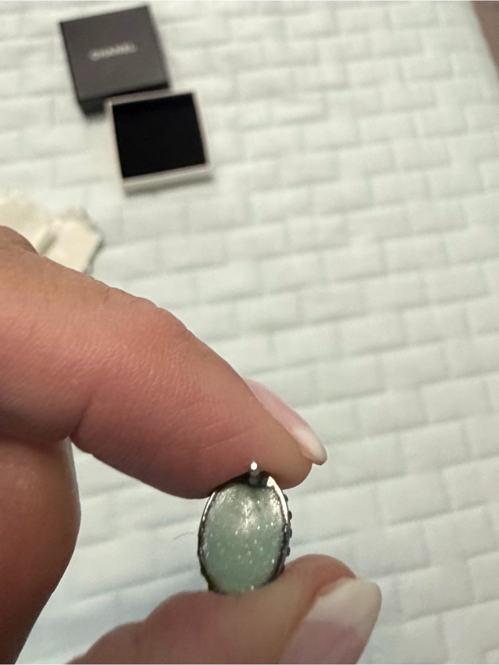 CHANEL Gunmetal CC oval Stud Earrings with Beaded Edge over an aqua stone in box - Picture 3 of 6